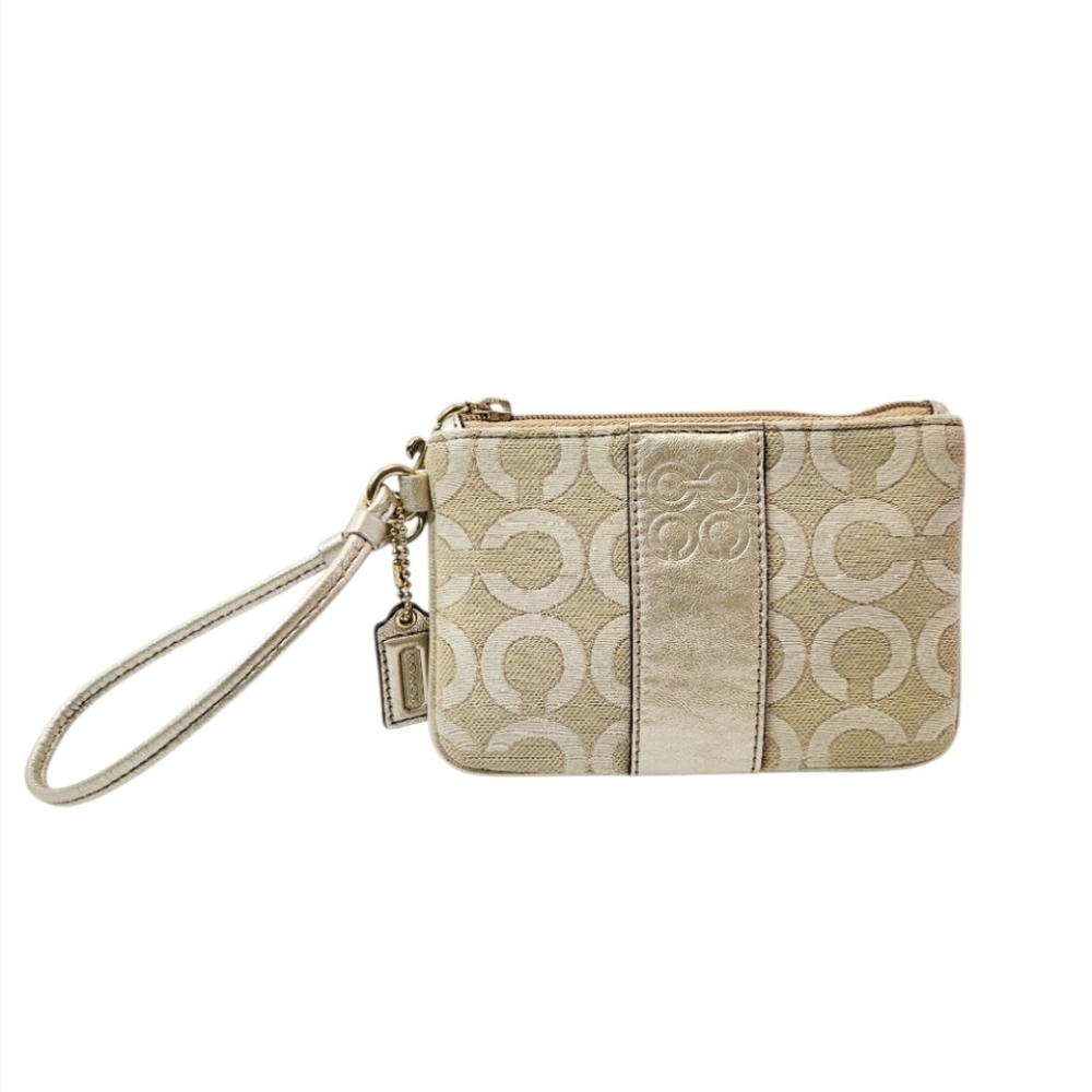 Coach Signature Beige Canvas Gray Leather Trim Wristlet Coin Purse Wallet EUC